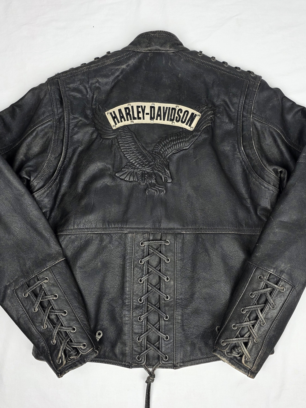Vintage Distressed Harley-Davidson Black Leather Lace-Up Eagle Jacket Womens S